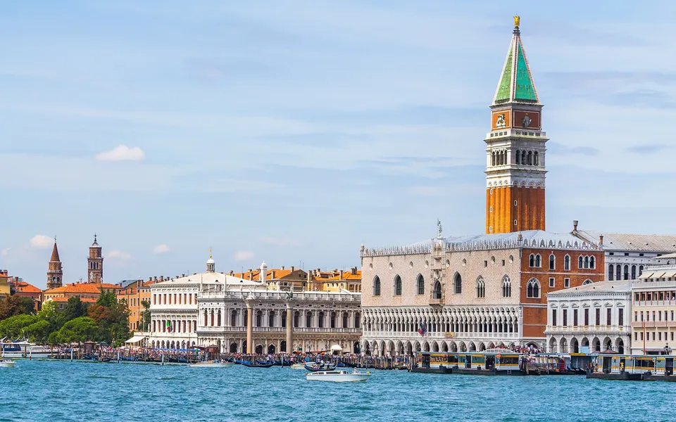 St Mark’s waterfront and bell tower seen from the water
