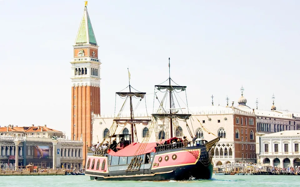 The decorated dinner galleon beside St Mark’s waterfront